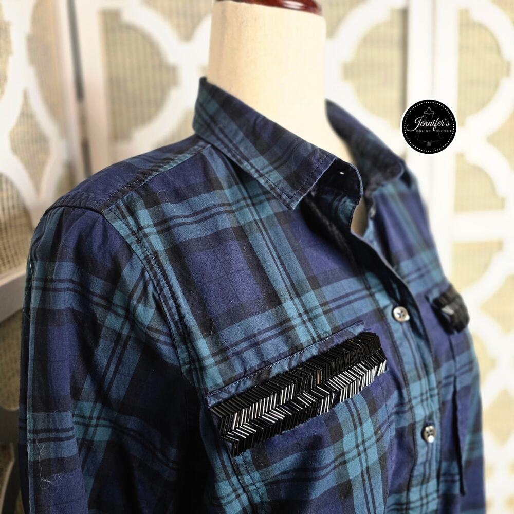 J. Crew Women's Navy/Green/Black Plaid Chevron Beaded Popover Tunic Top Size 10 - Picture 3 of 12